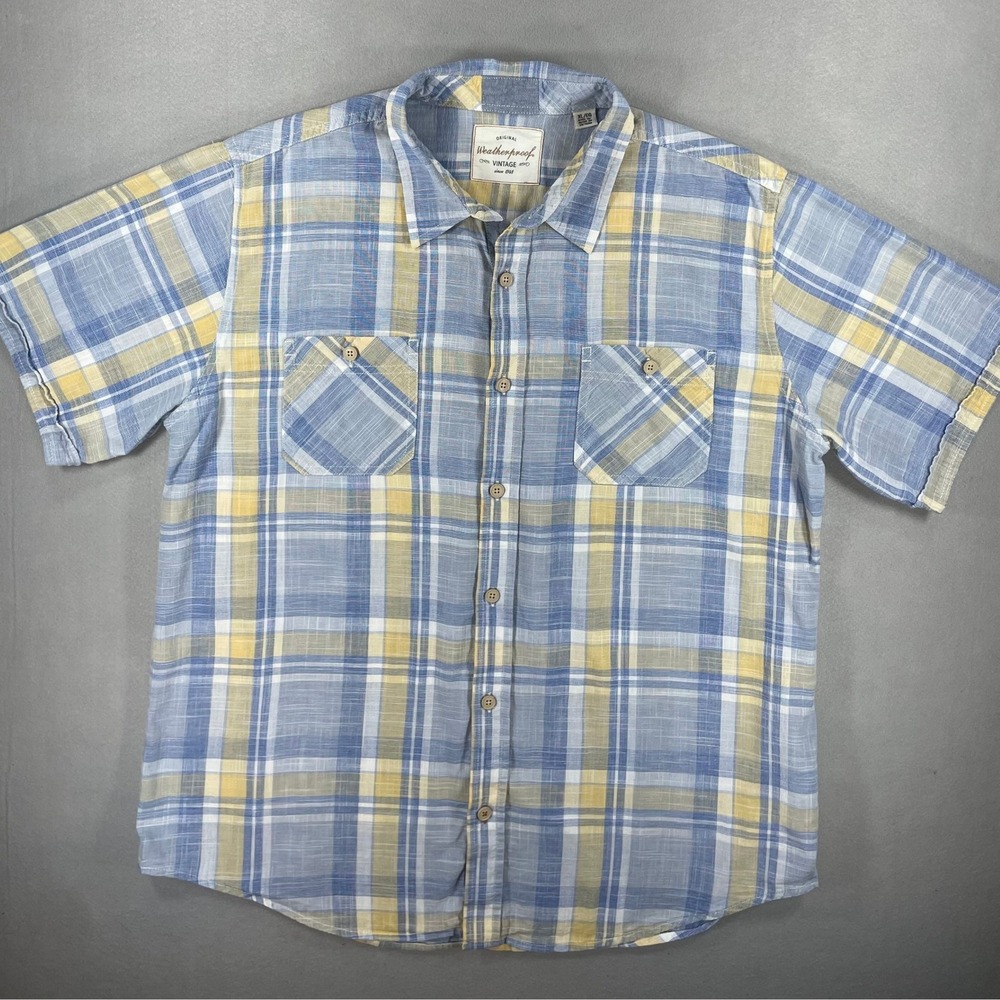 Weatherproof Mens Button Up Shirt Vintage Blue Yellow Plaid Cotton XL